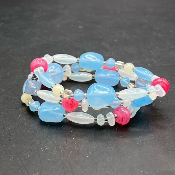 Baby Blue & Pink Chunky Beaded Statement Bracelet Gender Reveal Double Strand - Picture 2 of 6